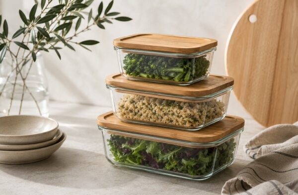 Glass food storage containers with bamboo lids stacked on a minimalist kitchen countertop with fresh vegetables and natural decor.