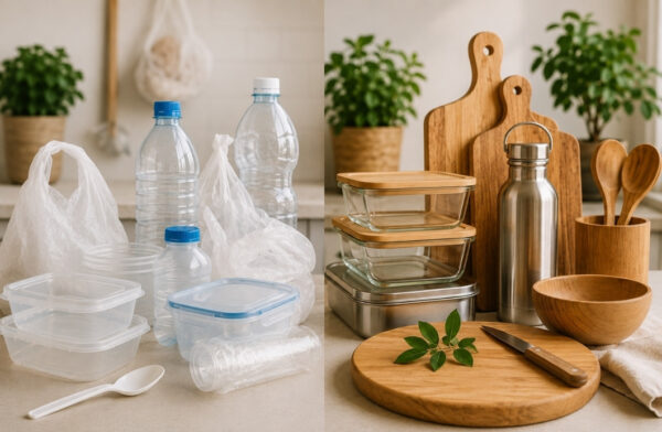 Split kitchen scene showing contrast between disposable plastic items and sustainable materials like glass, stainless steel, and wood in a clean, natural light environment.