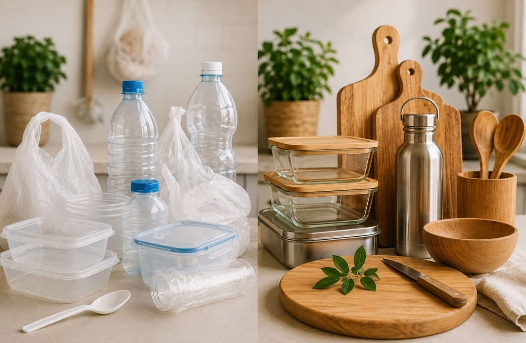 Split kitchen scene showing contrast between disposable plastic items and sustainable materials like glass, stainless steel, and wood in a clean, natural light environment.