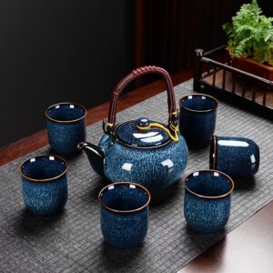 Deep blue porcelain tea set with 6 cups and teapot