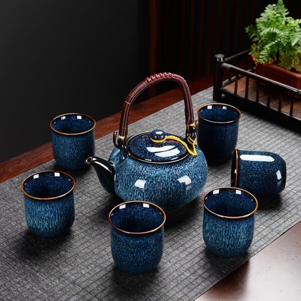 Deep blue porcelain tea set with 6 cups and teapot