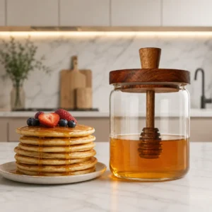 Transparent honey jar with wooden honey spoon and lid
