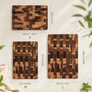 Solid acacia wood chopping board on modern kitchen countertop