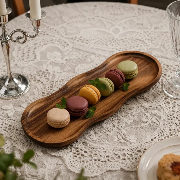 Natural acacia wooden tray for serving drinks and snacks
