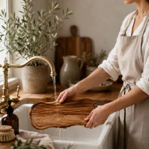 Wooden oval serving tray with natural acacia grain texture