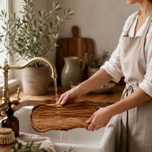 Wooden oval serving tray with natural acacia grain texture