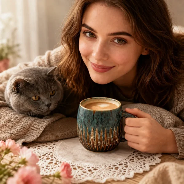 Textured ceramic coffee and tea mugs with artisan finish