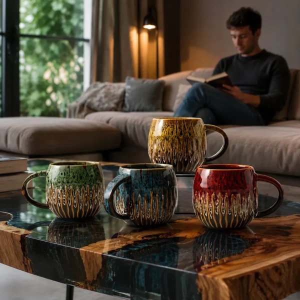 Rustic ceramic mugs set for coffee and tea serving