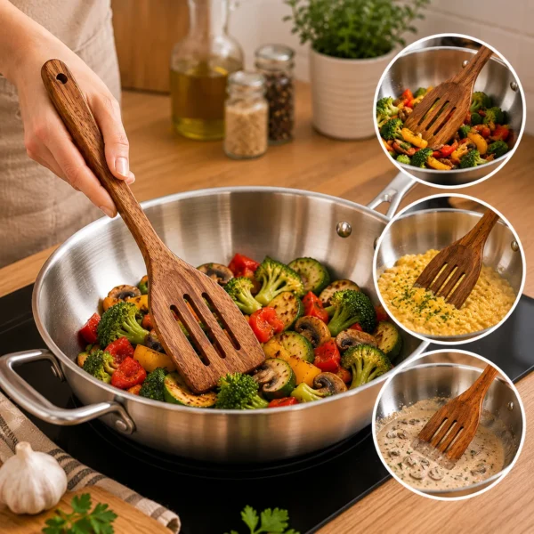 Plastic-free teak wooden spatulas and spoons for cooking
