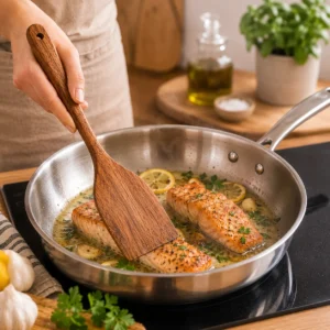 Wooden kitchen utensils set for stirring sautéing and serving
