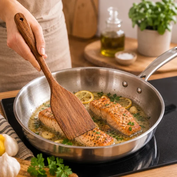 Wooden kitchen utensils set for stirring sautéing and serving