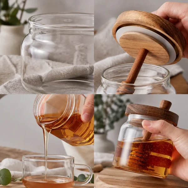 Glass honey jar with wooden lid and honey dipper for kitchen use
