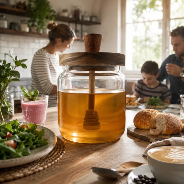 Minimal glass honey container with wooden honey dipper