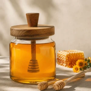 Modern glass honey jar for natural honey storage and serving