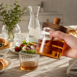 Elegant honey storage jar with wooden dipper for tea and breakfast