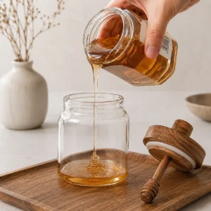 Minimalist glass honey jar with natural wooden lid and dipper