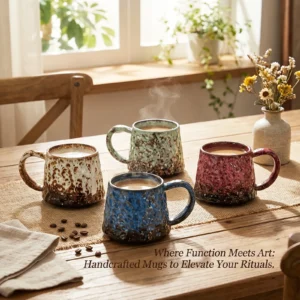 Handcrafted look glazed ceramic mugs for cozy kitchen interiors