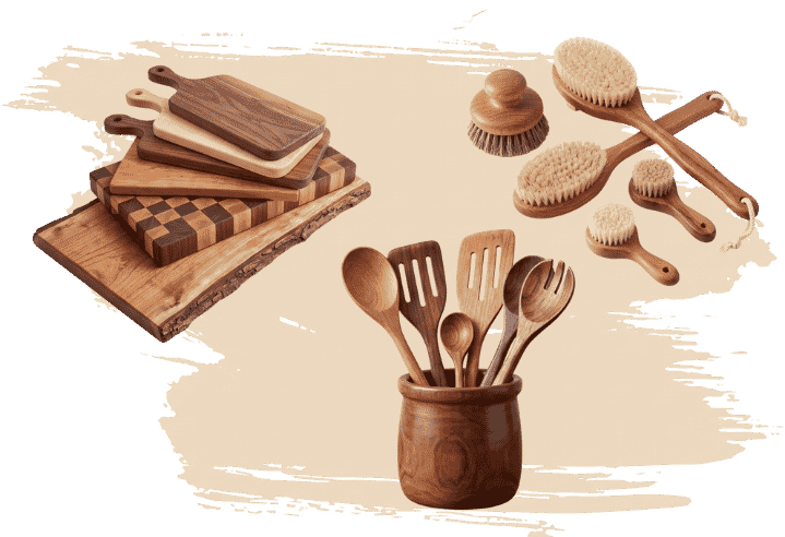 A collage of handcrafted natural wood products set against a light background with a brushstroke effect. On the left, a stack of various artisan cutting boards; at the bottom, wooden kitchen utensils in a holder; and on the right, a set of natural bath brushes with wooden handles.