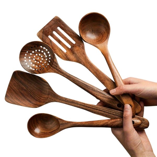Handcrafted style teak wood utensils for meal preparation