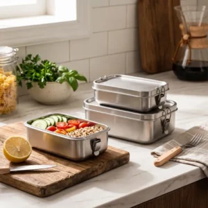 Leak-resistant stainless steel lunch box for school and office meals