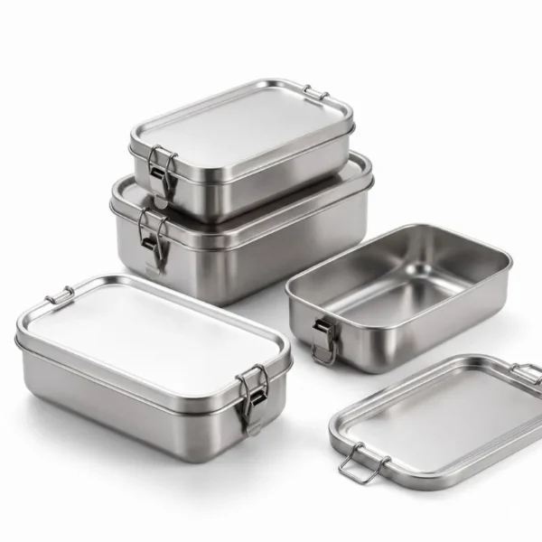 Reusable stainless steel lunch container with minimalist design