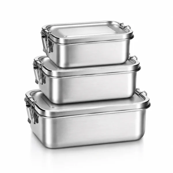 Plastic-free stainless steel lunch container with secure lid clips