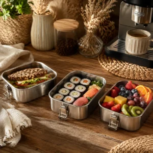 Rectangular stainless steel lunch box for meal prep and leftovers