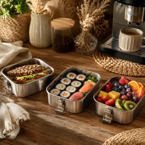 Rectangular stainless steel lunch box for meal prep and leftovers