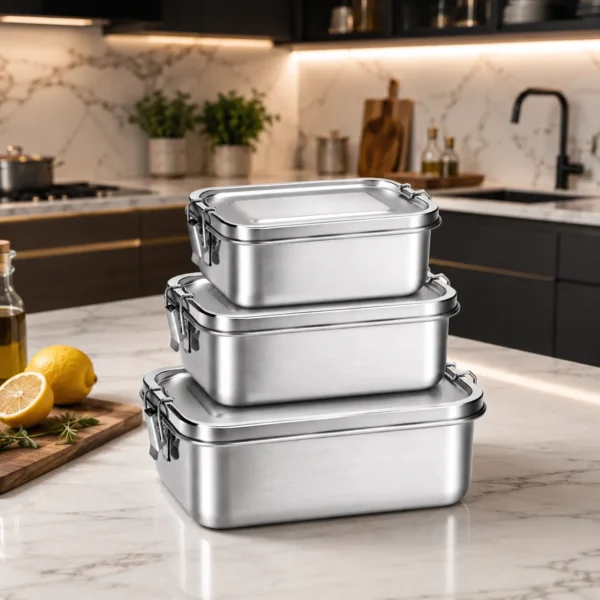 Reusable stainless steel food box for work lunch and picnics
