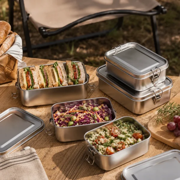 Minimal stainless steel lunch box with polished metal finish