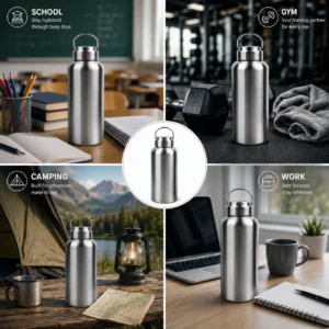 Plastic-free stainless steel bottle for gym work and outdoor routines