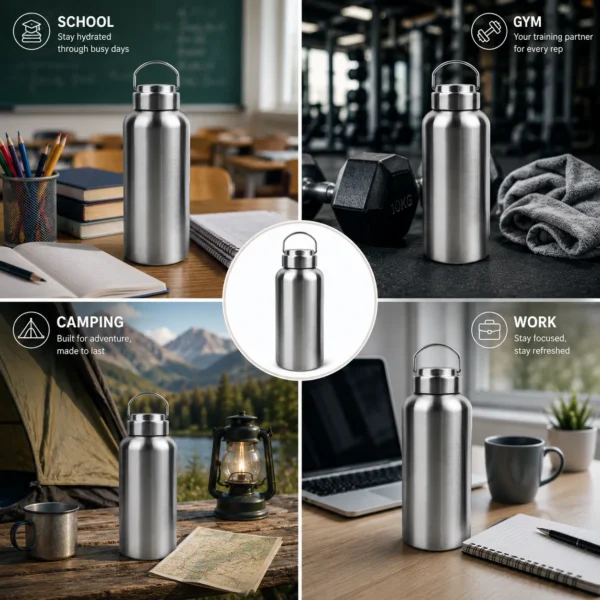 Plastic-free stainless steel bottle for gym work and outdoor routines