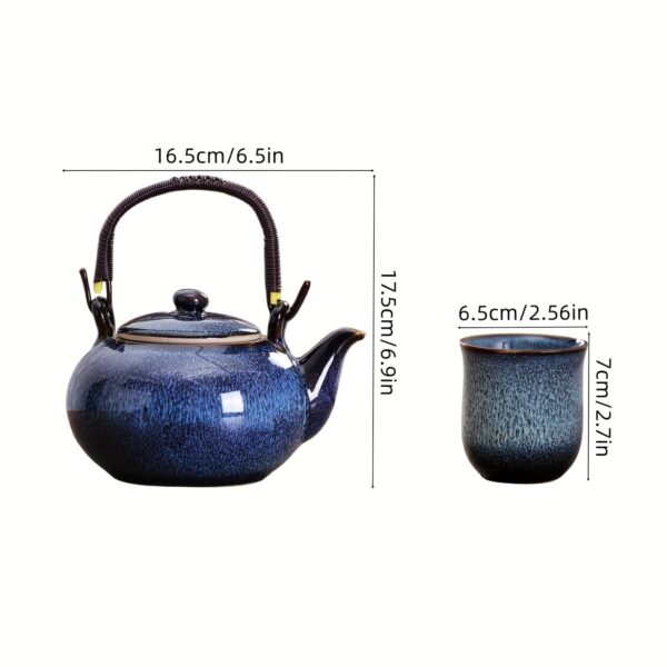 Handmade ceramic tea cups and teapot with kiln altered glaze